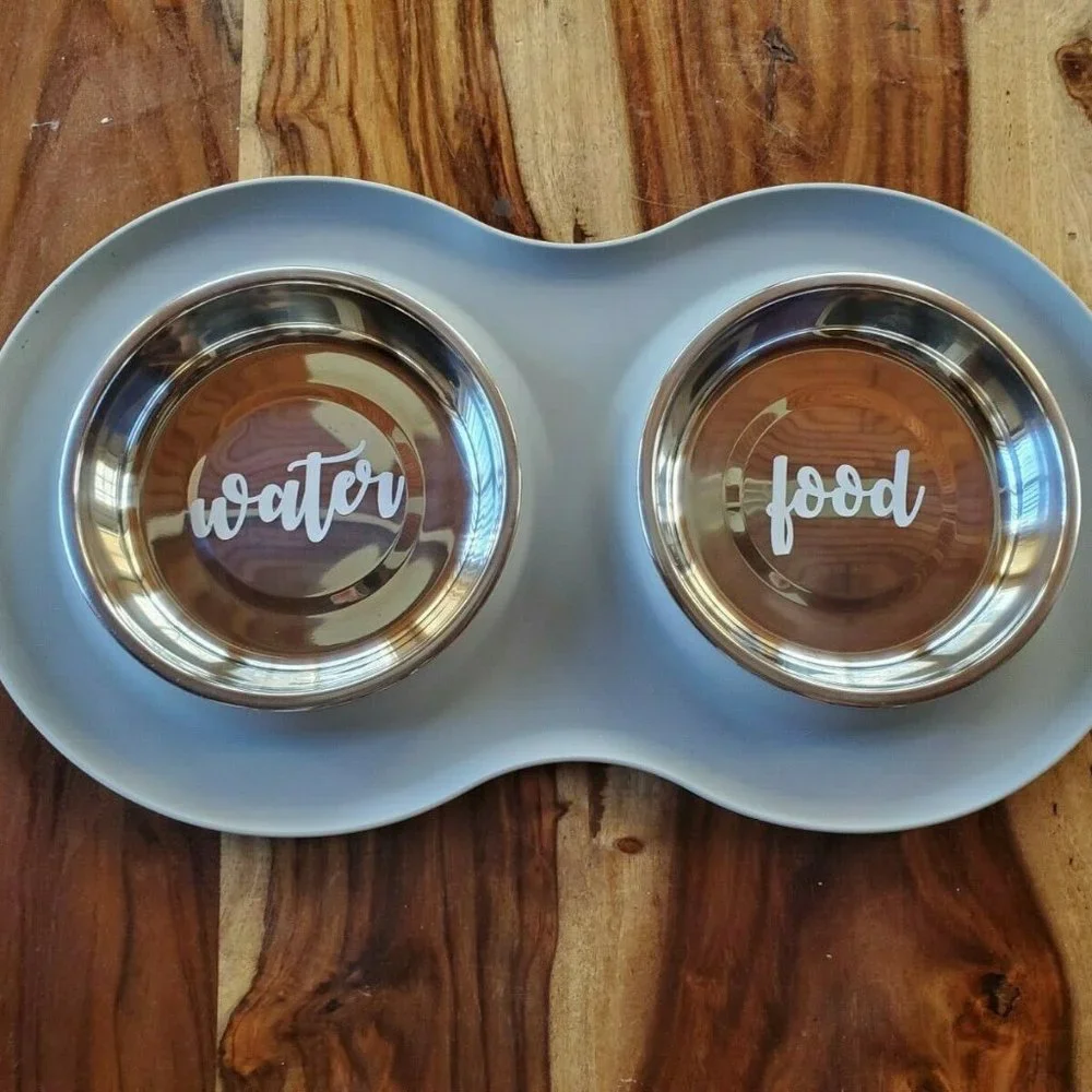 Double Cat Dog Pet Feeding Station Stainless Steel Water Food Bowls Silicone Mat